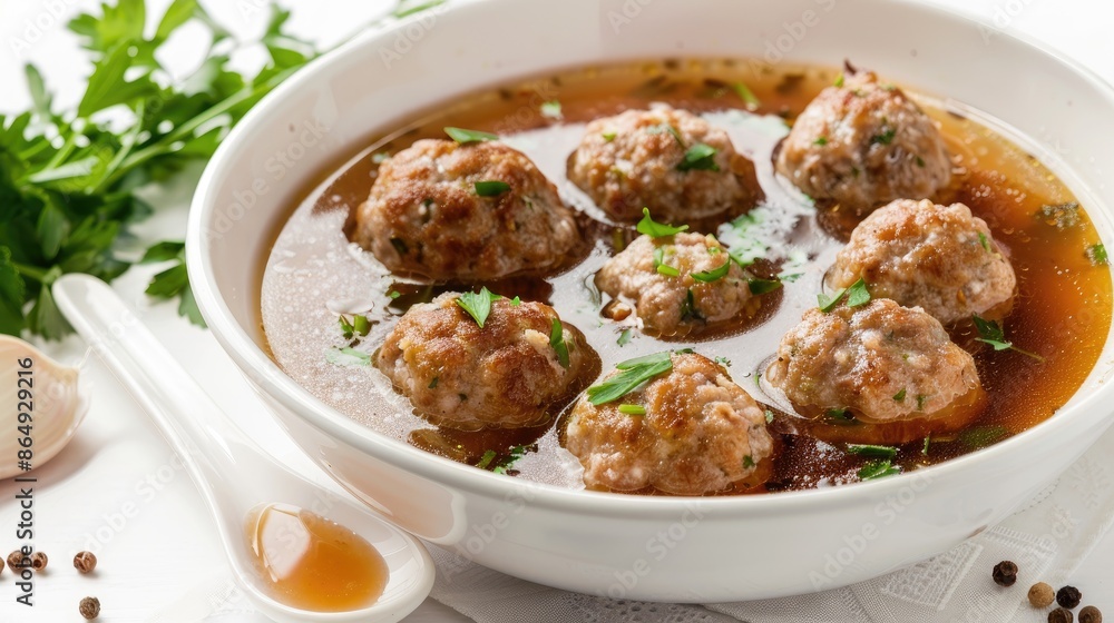 Meatball group with beef broth in a white background Meatball group with beef broth in a white background