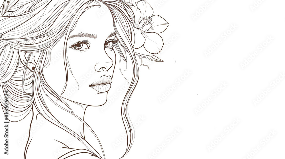 Sketch outline of an attractive young woman with a flower in her hair, outlined for coloring, on a white background. Sketch outline of an attractive young woman with a flower in her hair, outlined for coloring, on a white background.