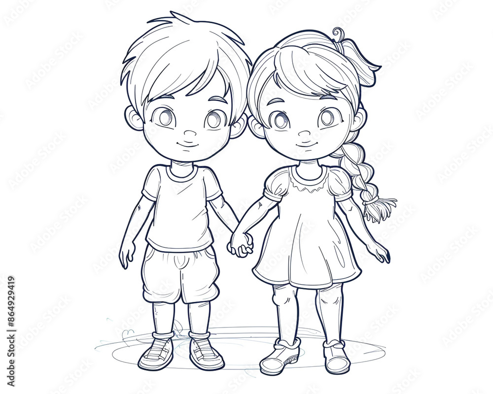 Sketch outline of an attractive young boy and girl holding hands, outlined for coloring, on a white background. Sketch outline of an attractive young boy and girl holding hands, outlined for coloring, on a white background.