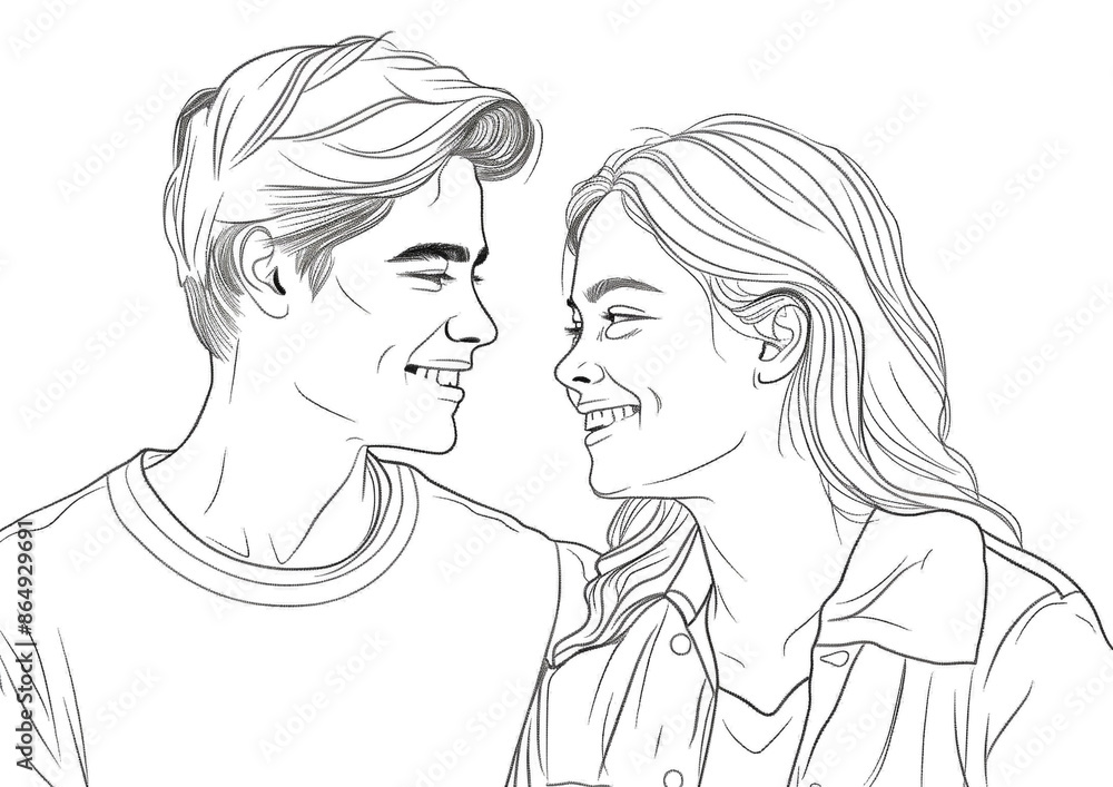 Sketch outline of an attractive young couple smiling at each other, outlined for coloring, on a white background. Sketch outline of an attractive young couple smiling at each other, outlined for coloring, on a white background.