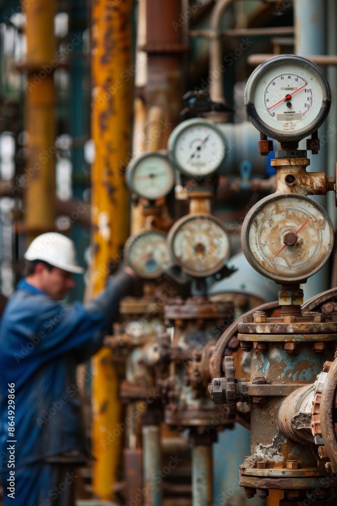 Detailed view of workers monitoring gauges at an oil processing plant Industrial concept with workers checking equipment in a factory setting Detailed view of workers monitoring gauges at an oil processing plant Industrial concept with workers checking equipment in a factory setting