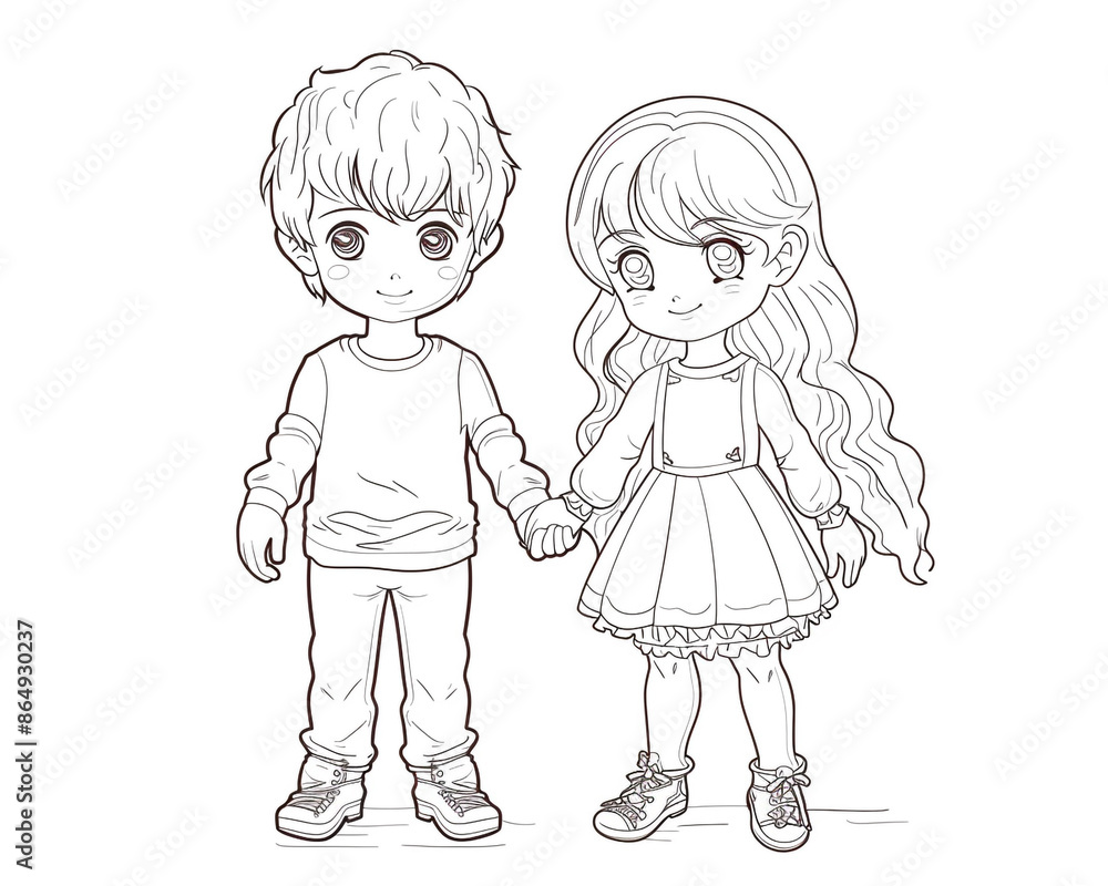 Sketch outline of an attractive young boy and girl holding hands, outlined for coloring, on a white background. Sketch outline of an attractive young boy and girl holding hands, outlined for coloring, on a white background.