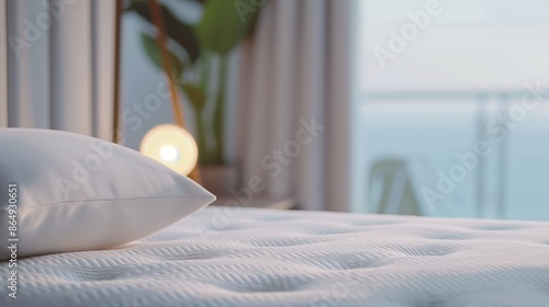 A luxurious for a new high-end mattress, featuring people enjoying restful sleep and waking up refreshed, with close-ups of the mattress materials and construction