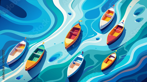Colorful Boats on Vibrant Blue Waters Abstract Illustration