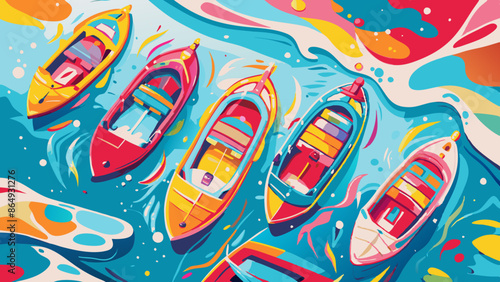 Colorful Boats Adrift in Vibrant Abstract Sea