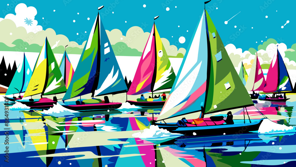 Obraz premium Vibrant Regatta Race with Colorful Sailboats on Serene Lake