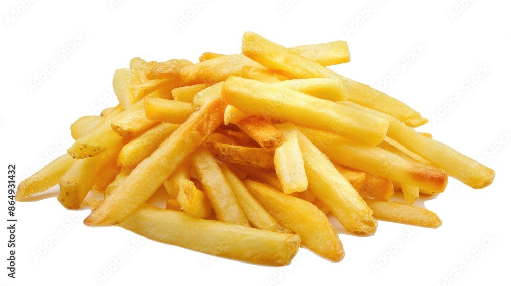 A pile of crispy french fries arranged on a clean white surface, perfect for food photography or culinary use A pile of crispy french fries arranged on a clean white surface, perfect for food photography or culinary use