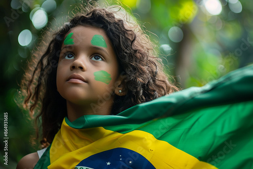 Generative AI Image of Little Girl in Forest with Brazilian Flag in Brazil Independence Day photo