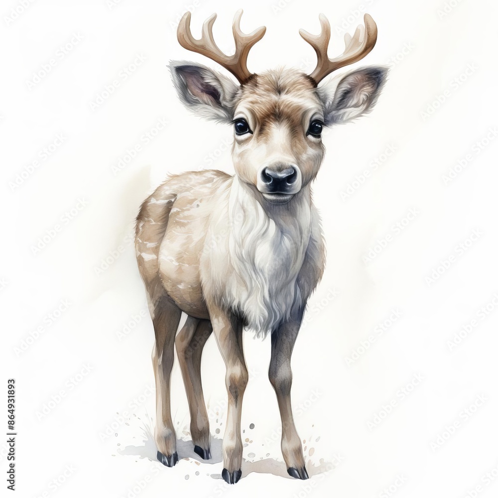 a Arctic Reindeer , full body, white background, soft tones, watercolor, children book a Arctic Reindeer , full body, white background, soft tones, watercolor, children book