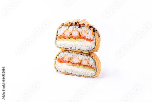 delicious sushi burger with Shrimps and rice as Japanese appetizers. Sushi with seafood