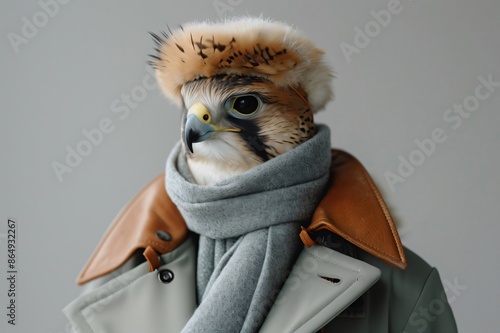 Falcon wearing winter clothes with a neutral background