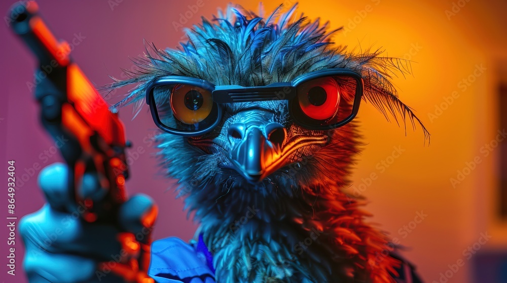 Angry Emu Bird Police costume, holding gun ready to shoot, isolated color background Angry Emu Bird Police costume, holding gun ready to shoot, isolated color background