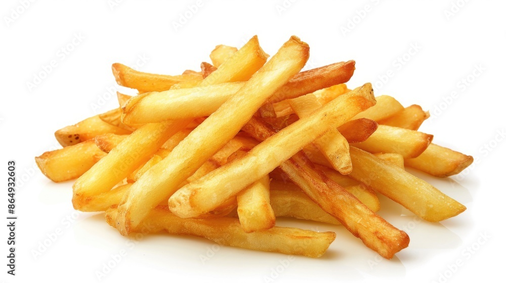 A stack of crispy french fries on a clean white surface, perfect for food photography or illustrations A stack of crispy french fries on a clean white surface, perfect for food photography or illustrations