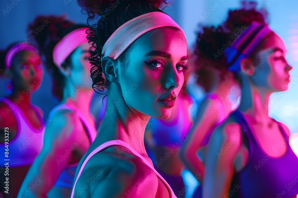 Fitness Gym Aerobic Dance People dance for exercise in Synzwave 80's LED light atmosphere. Fitness Gym Aerobic Dance People dance for exercise in Synzwave 80's LED light atmosphere.
