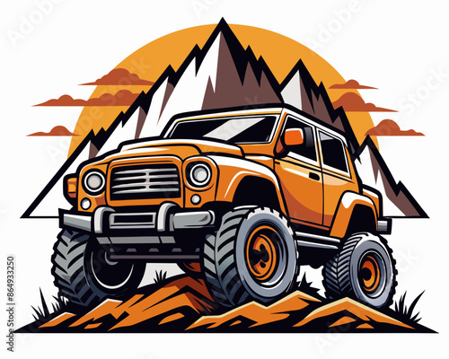 colorful offroad car illustration, retro tshirt design