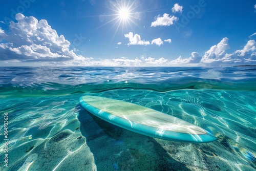 A surfboard floats on the clear blue ocean under a sunny sky, A surfboard floating in clear blue water with the sun shining above