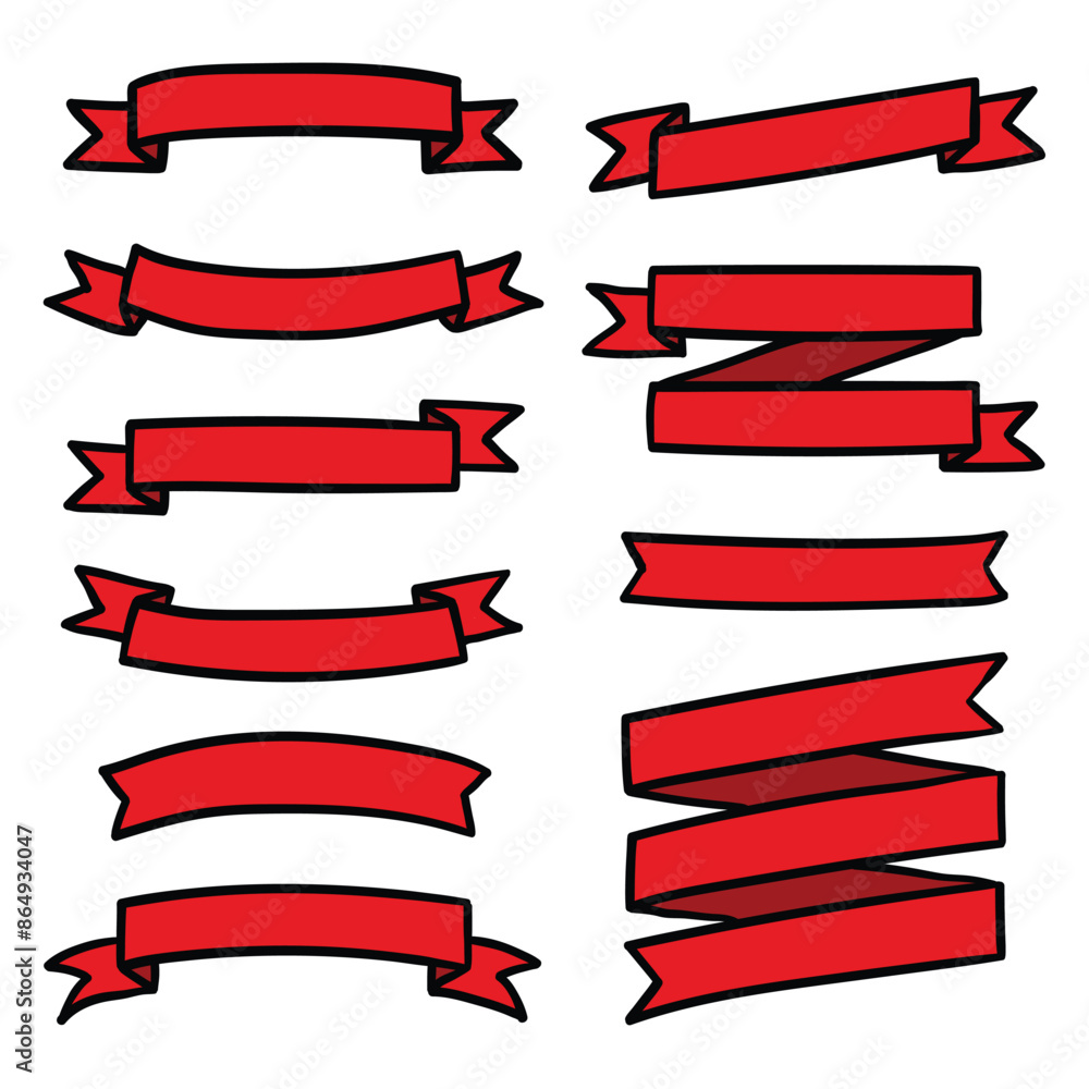 Hand drawn cartoon set of red blank ribbons banners with copy space for text on white background. Hand drawn cartoon set of red blank ribbons banners with copy space for text on white background.