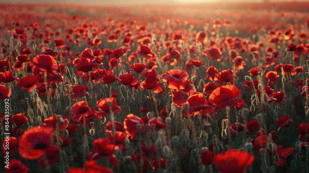 Obraz premium Field of red flowers illuminated by the warm sunlight
