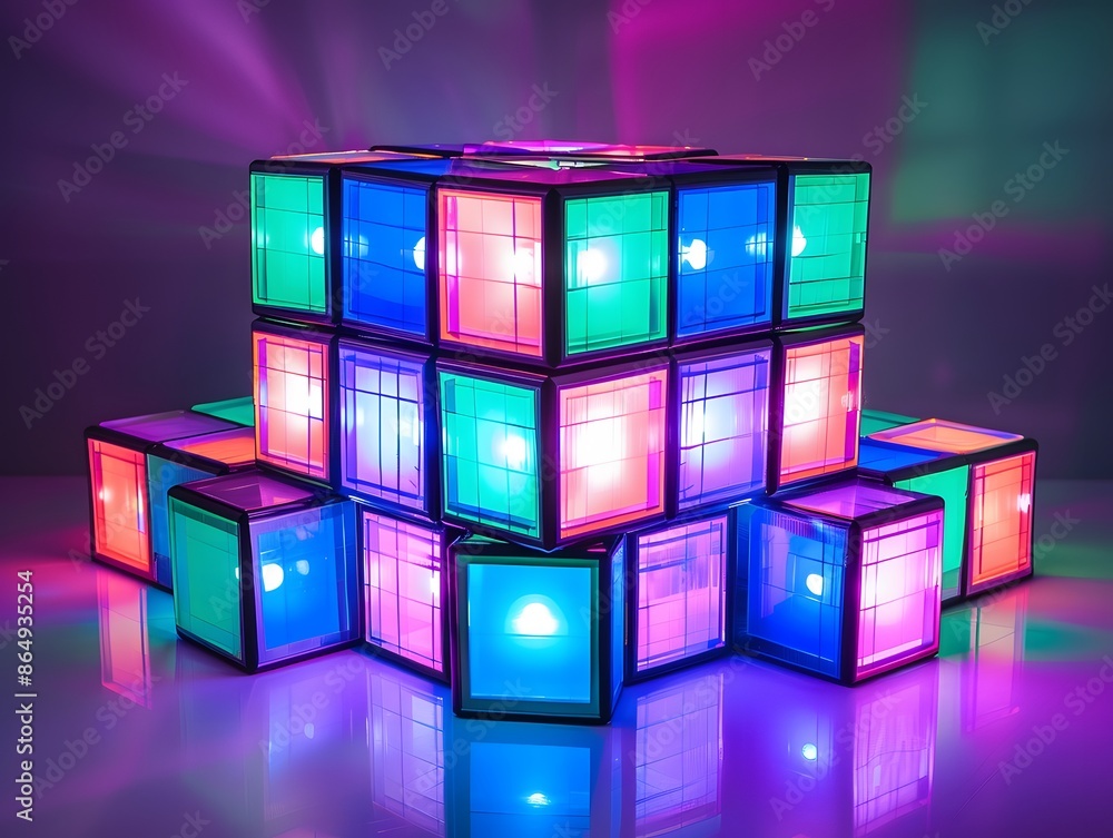 Colorful Rubix cube design in shades of purple and pink. Complete with LED lights and lighting effects in synthwave 80's style. Colorful Rubix cube design in shades of purple and pink. Complete with LED lights and lighting effects in synthwave 80's style.