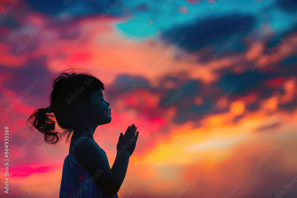A young child stands outside looking up at a bright and vibrant sky with clouds and sun A young child stands outside looking up at a bright and vibrant sky with clouds and sun
