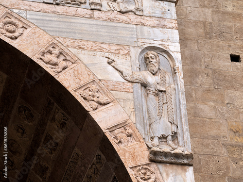 Verona dome cathedral church exterior sculptures detail. Romanesque sculpture attributed to the workshop of Veronese sculptor Brioloto photo