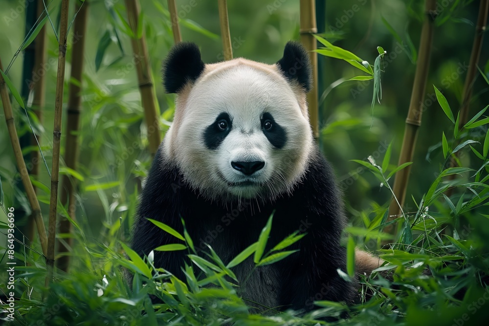 Fototapeta premium A giant panda gazes forward sitting amongst vibrant green bamboo, captured in natural daylight