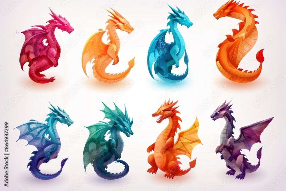 Dragons icon set, dino symbols, 3d realistic dinosaurs isolated, monster animals Dragons icon set, dino symbols, 3d realistic dinosaurs isolated, monster animals