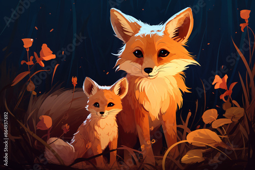 a fox and baby fox in the woods