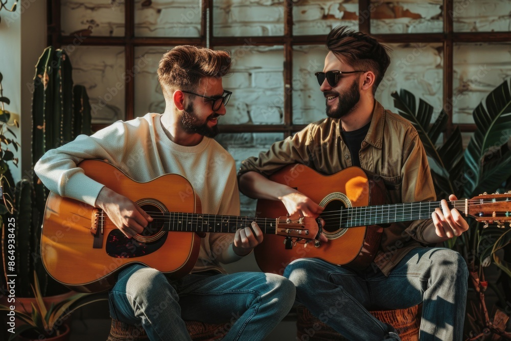 Obraz premium Two musicians sit together, strumming their guitars in a casual setting
