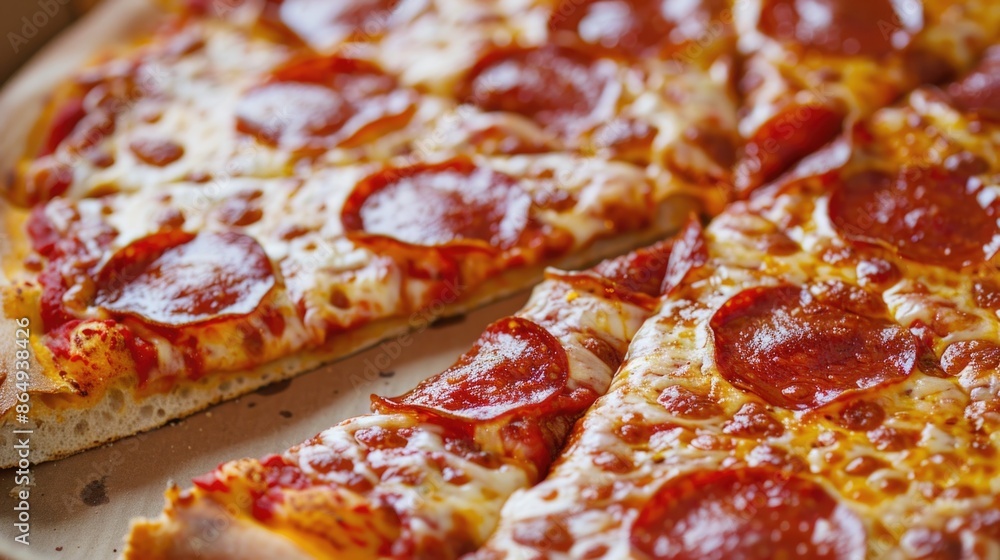 A detailed view of a slice of pizza topped with pepperoni, perfect for food and culinary images A detailed view of a slice of pizza topped with pepperoni, perfect for food and culinary images