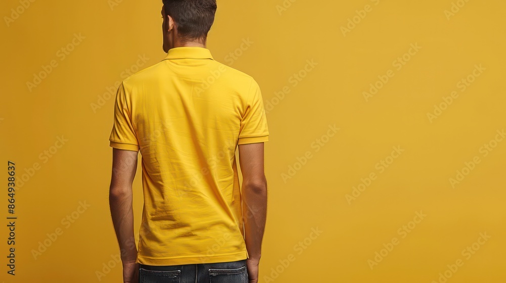 A model wore a simple yellow polo shirt. It reveals its back on a neutral background. A model wore a simple yellow polo shirt. It reveals its back on a neutral background.