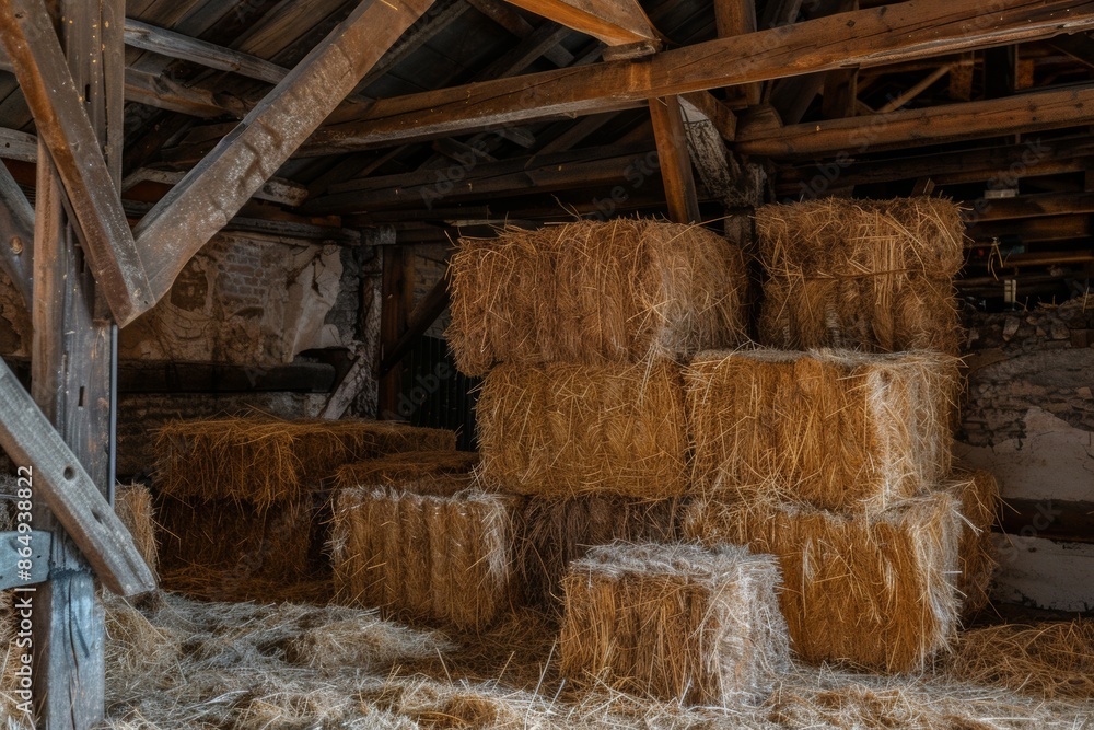 Rustic barn interior with stacked hay bales Rustic barn interior with stacked hay bales