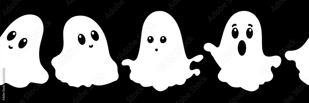 Cute and simple vector black and white border with halloween ghosts flat childish style Cute and simple vector black and white border with halloween ghosts flat childish style
