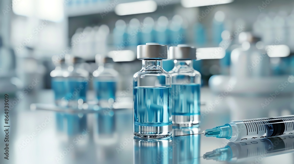 Close-up of vaccine vials and syringe in laboratory for medical research, development, and immunization. Close-up of vaccine vials and syringe in laboratory for medical research, development, and immunization.