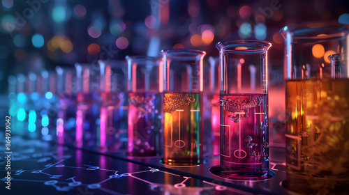 Colorful test tubes in a lab setting, overlaid with chemical formula annotations