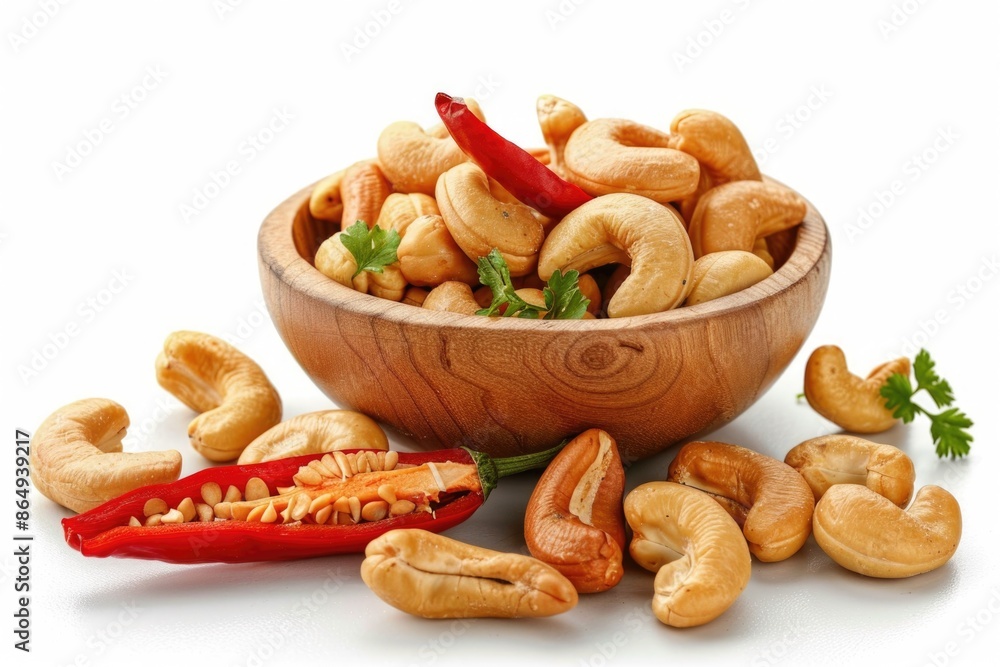 Fototapeta premium A wooden bowl filled with cashews and chili, perfect for snacking or serving as a gift