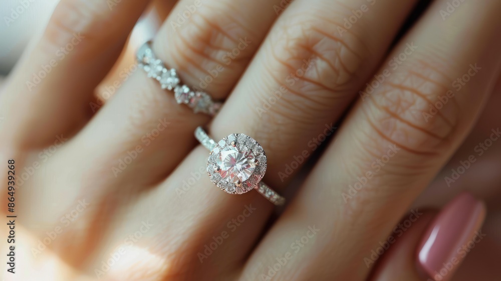 A woman fingers with wedding ring diamond accessory A woman fingers with wedding ring diamond accessory