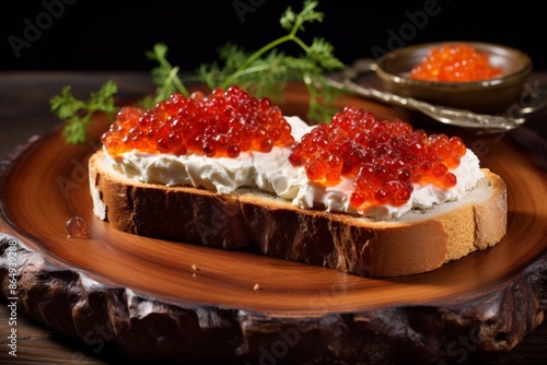  A Gourmet toast with cream cheese and red caviar on a wooden board