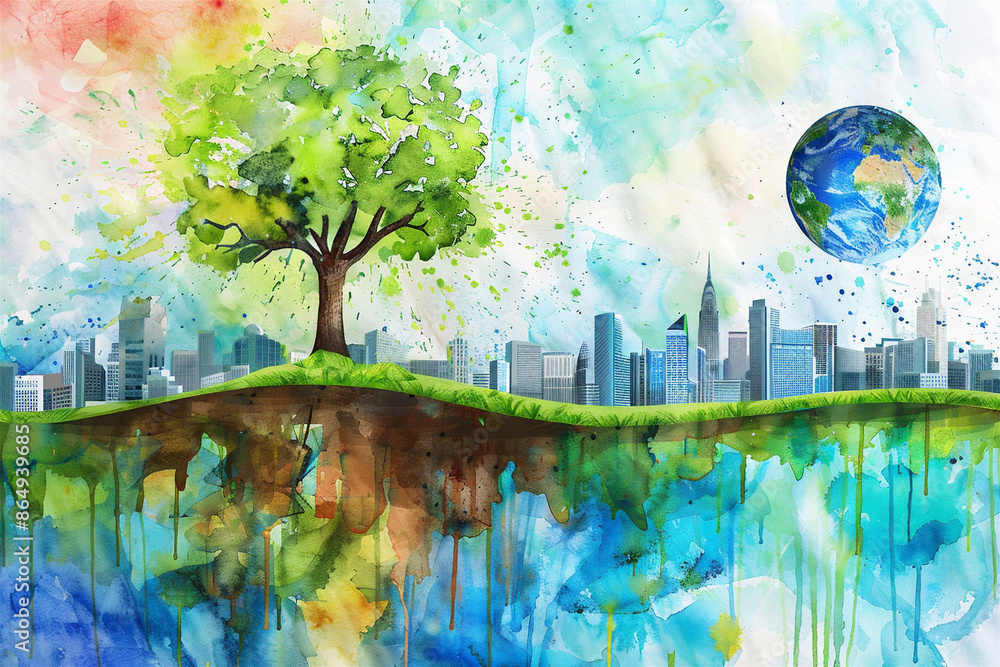 Vibrant Watercolor Painting of Sustainability, Environmentally Friendly ...