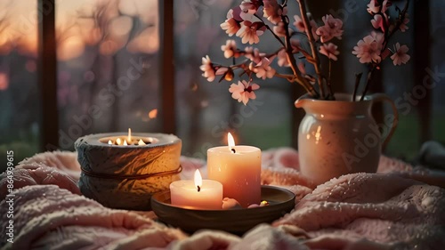 Candles and flowers for massage spa treatment, healthy wellness relax calm and luxurious atmosphere. Relaxation video
