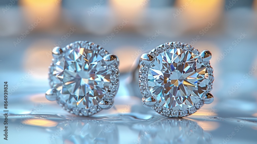 A pair of diamond earrings on a white background, showcasing their classic elegance. A pair of diamond earrings on a white background, showcasing their classic elegance.
