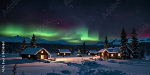 glowing northern lights dancing in the night sky, aurora borealis over a village. time lap