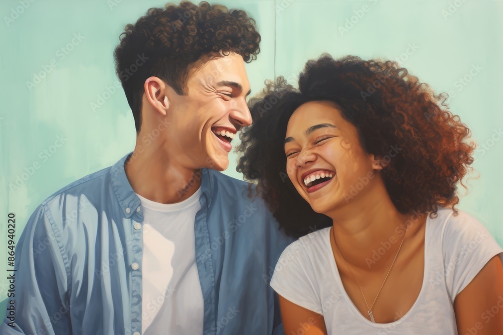 Couple, age 19, Mixed race, laughing, first love, pastel blue background Couple, age 19, Mixed race, laughing, first love, pastel blue background