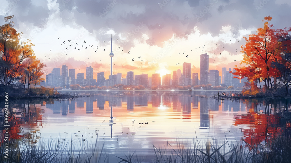 City skyline at sunset with lake reflection and autumn trees. City skyline at sunset with lake reflection and autumn trees.