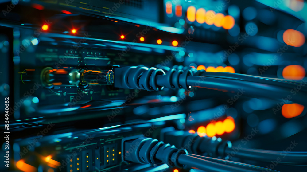 A close-up image of a network server, showcasing the intricate connections and data flow within a complex system A close-up image of a network server, showcasing the intricate connections and data flow within a complex system