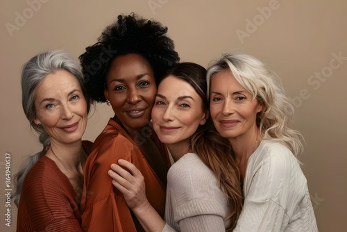 Beautiful group of diverse female models with freckles, dark skin and radiant skin, without makeup, natural skin against light background