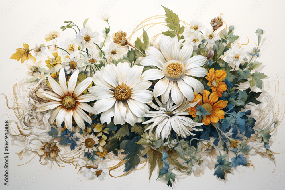 Obraz premium Vibrant Bouquet of Colorful Flowers on White Background, Beautiful Floral Painting