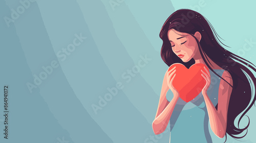 Beautiful Young Woman Standing Alone and Holding Heart on Valentine's Day