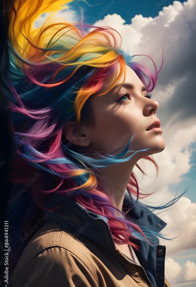 Fototapeta premium A woman with colorful hair stairing at the sun..