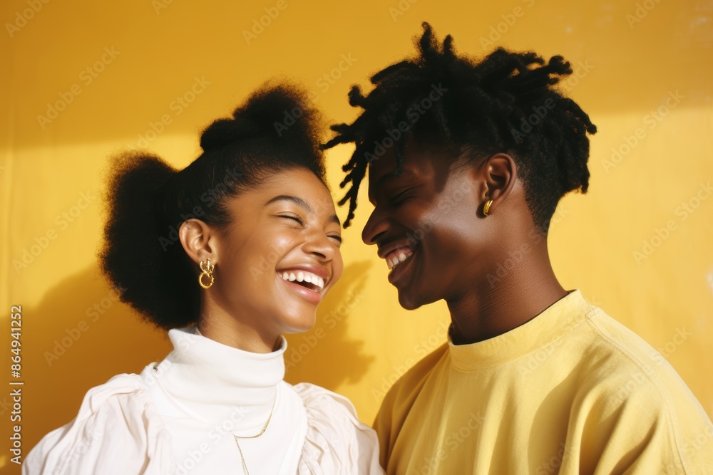 Couple, age 18, African American, smiling at each other, first love, pastel yellow background Couple, age 18, African American, smiling at each other, first love, pastel yellow background